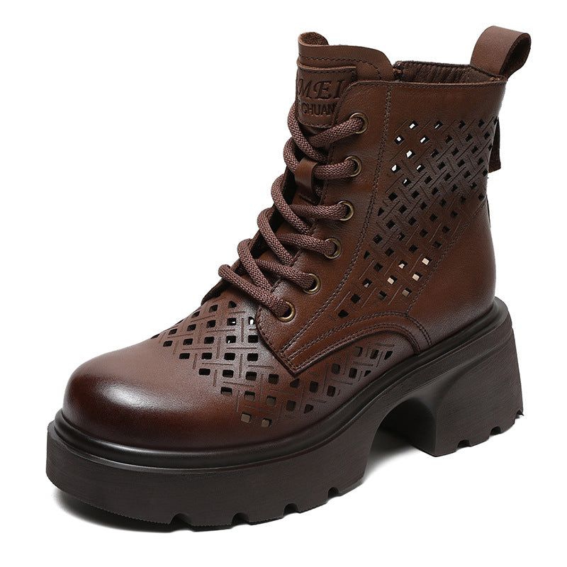 Women's Layer Cowhide Retro British Platform Thin Hollow Genuine Breathable Hole Women's Leather Boots