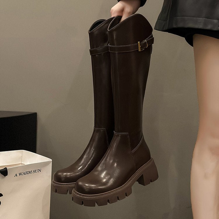 Female Thick Bottom V Cut Knight Chunky Belt Boots