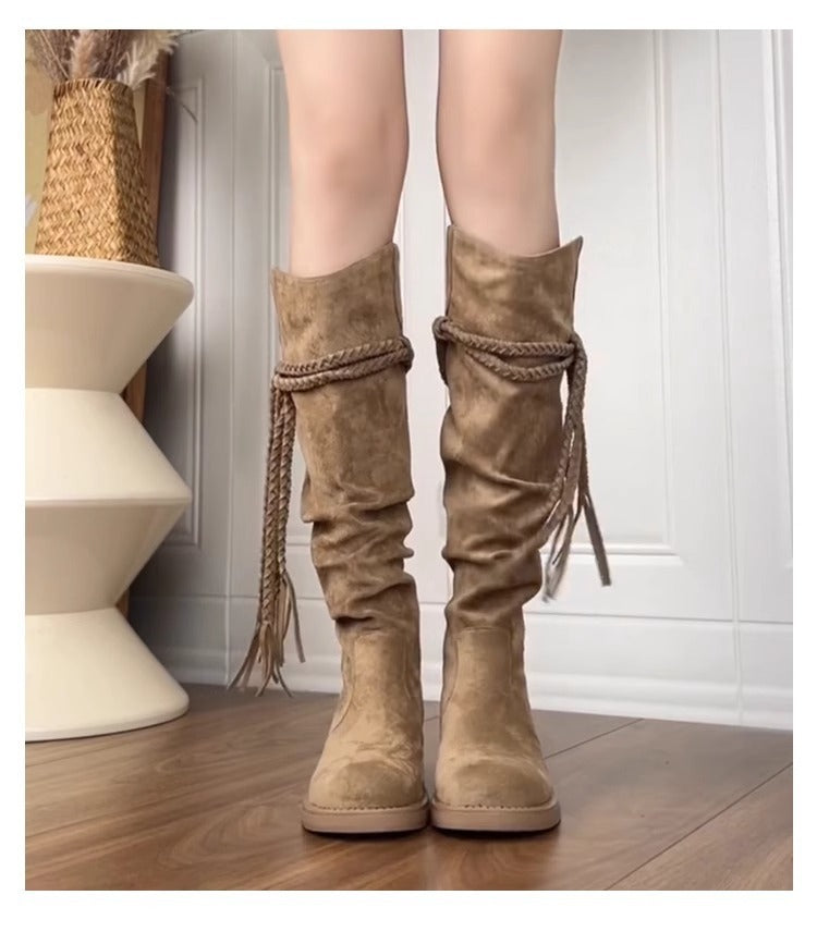 Women's Waste Soil Style Tassel Knight Chunky Boots