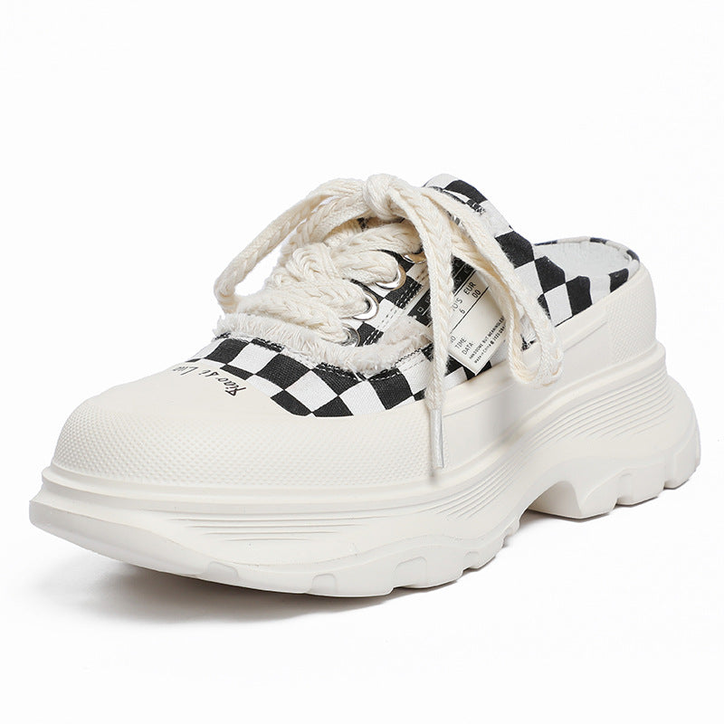 Women's Summer Thick Bottom Slip-on Chessboard Plaid Dad Height Increasing Slippers