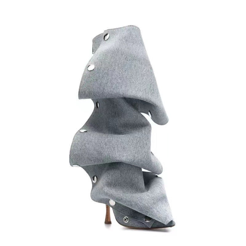 Women's High Metal Rivet Denim Stitching Two-way Pile Style Knee-length Large Women's Leather Boots