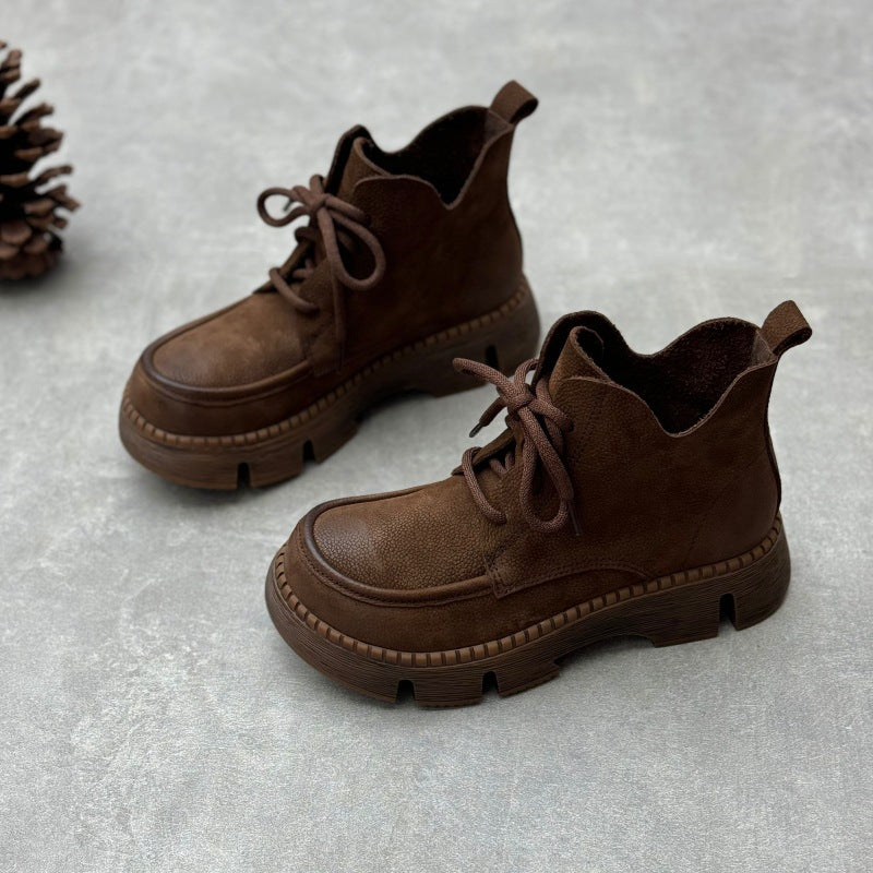 Handmade Genuine Ankle Retro Artistic Platform Round Toe Lace Up Boots