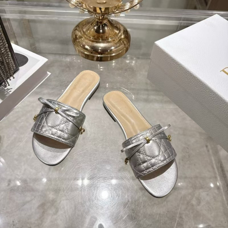 Quality Summer Electric Embroidery Rattan Plaid Bow Open Toe Flat Slippers