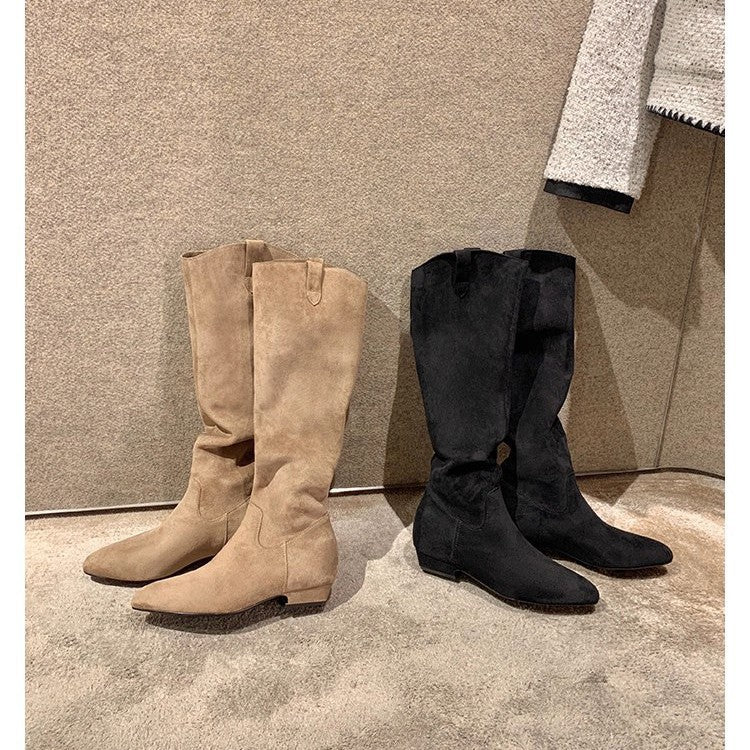Women's Toe Suede Height Increasing Insole Chunky Tall Knight Western Pile Women's Leather Boots