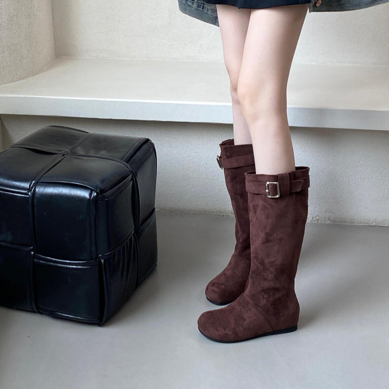 Women's Height Increasing Insole Small Suede Pile Style Riding Women's Leather Boots