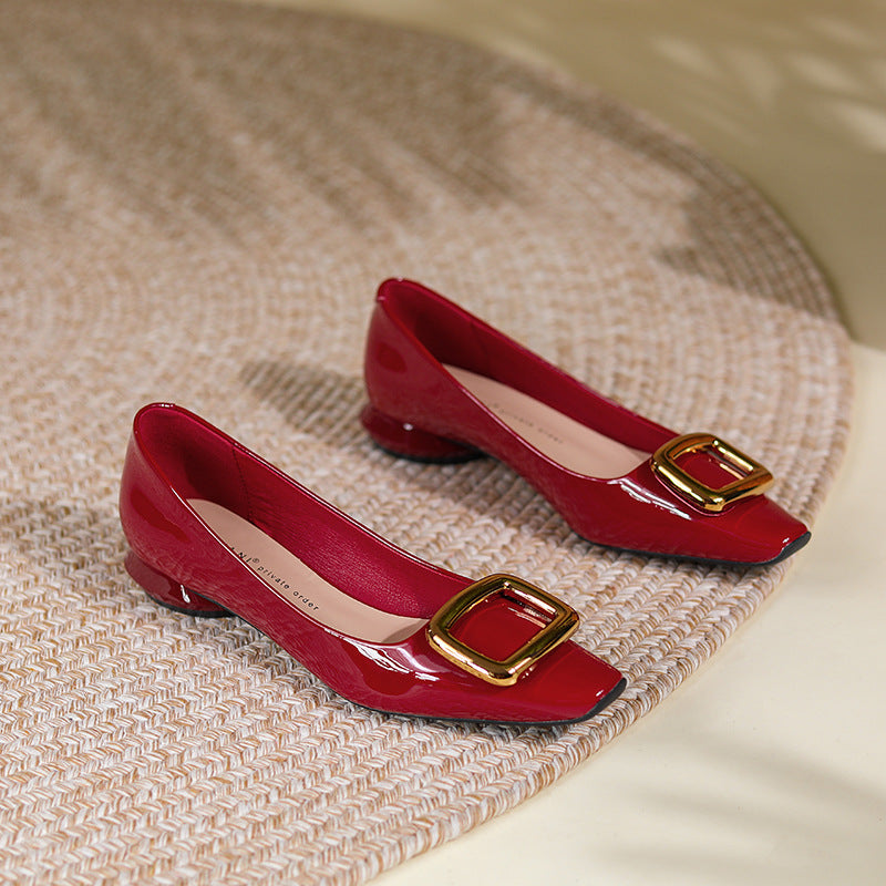 Women's Buckle Patent Head Chunky Low-cut Flat-heeled Flat Sheepskin Heels
