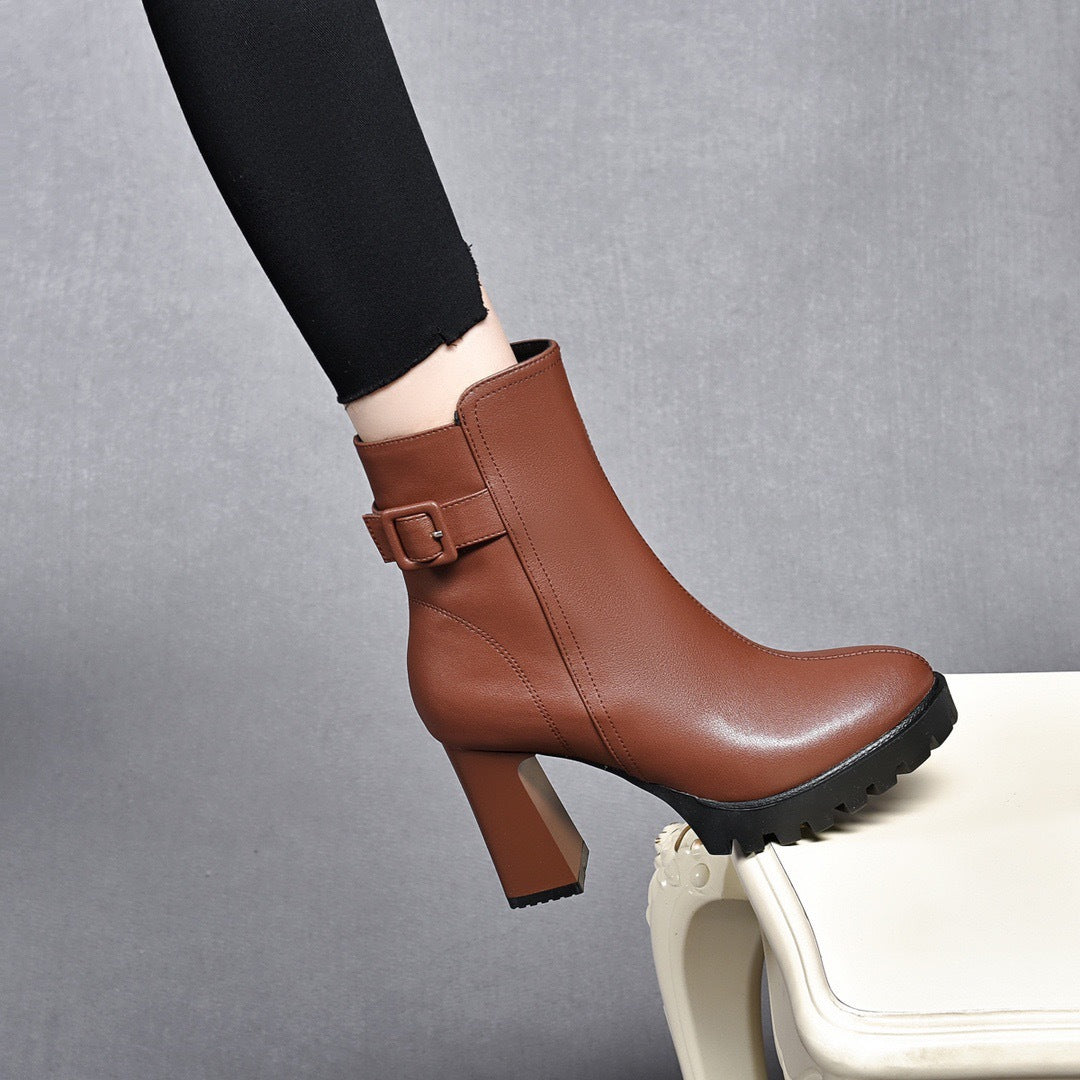 Women's Chunky High Short Winter Platform Genuine Wool Fleece Lined Women's Leather Boots