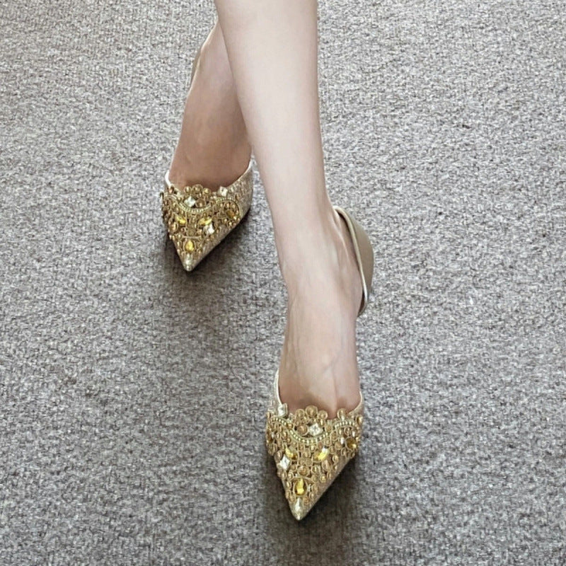 Women's Wedding Bridal French Hollow Closed Toe Stiletto High-grade Rhinestone Banquet Women's Fashion Shoes