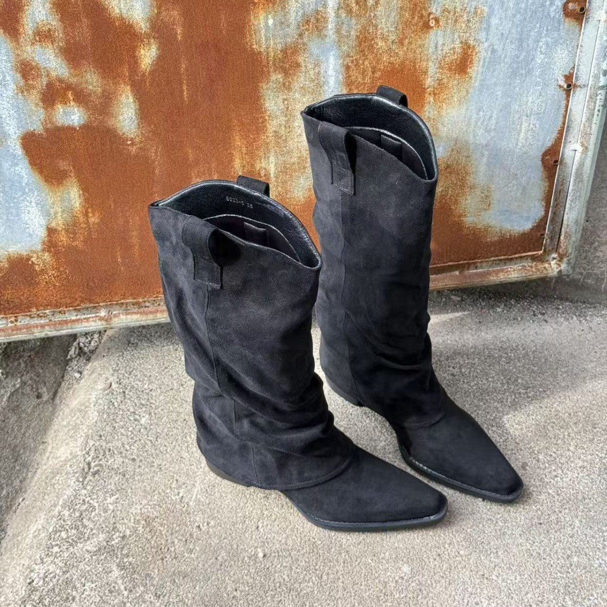 Women's High Pointed Toe Long Suede Pantyhose Pile Style Thick Women's Leather Boots