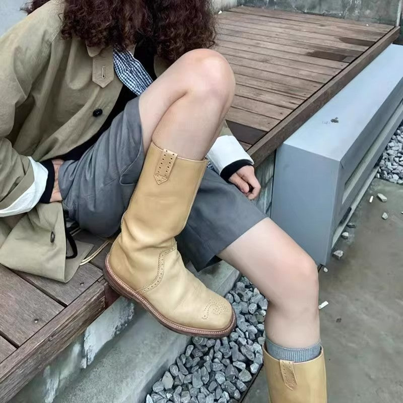 Square Toe Chunky Embroidery Western Cowboy Female Hot Women's Leather Boots