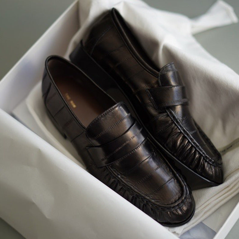 Women's Eel Skin Vintage Crumpled Low-cut Flat Pumps Commuter Small Loafers