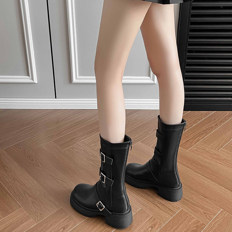 Children's Square Buckle Chunky British Style Middle Vintage Women's Leather Boots