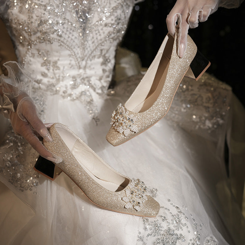 Women's Square Toe Rhinestone Pearl Sequins Thin Glittering Main Wedding Women's Casual Shoes