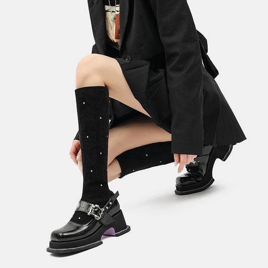 Mary Jane Suede Below The Knee Boots