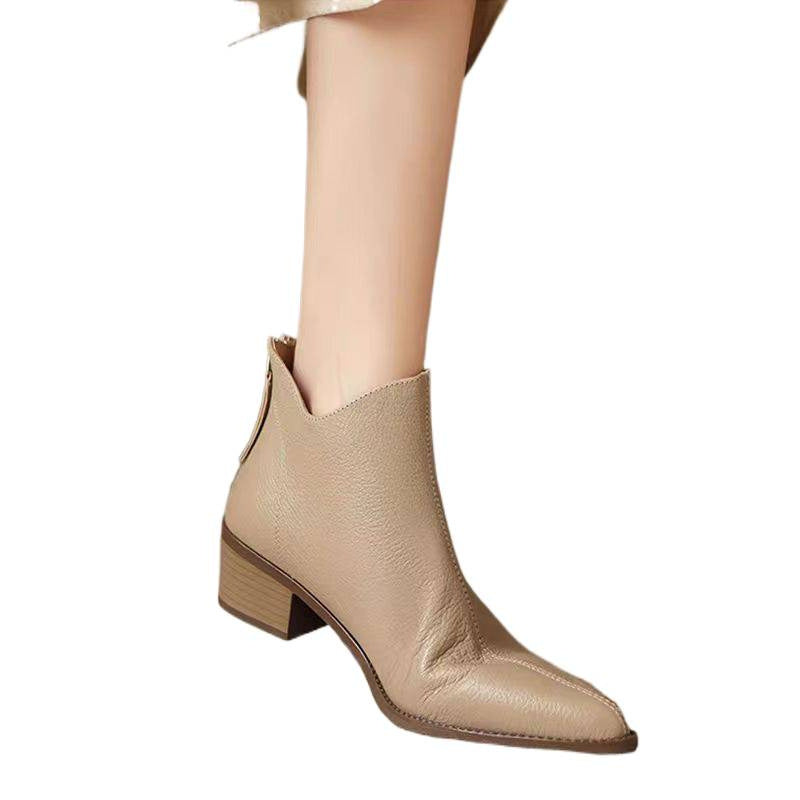 Women's French Sheepskin Pointed Ankle Chunky Mid Rear Zipper Boots