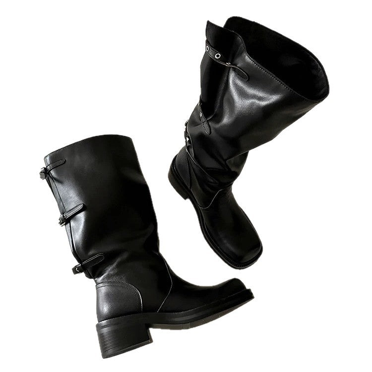 Women's Minority Belt Buckle Tall Knight Chunky Women's Leather Boots