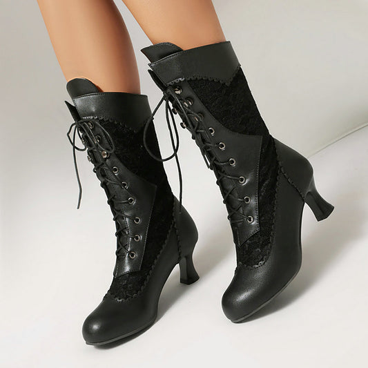 Women's Style Mid Vintage Lace Stitching Chunky High Front Large Women's Leather Boots