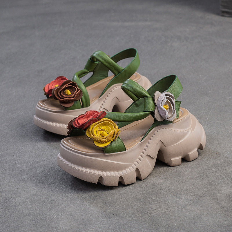 Women's Artistic Retro Style Flower Muffin Peep Platform Sandals