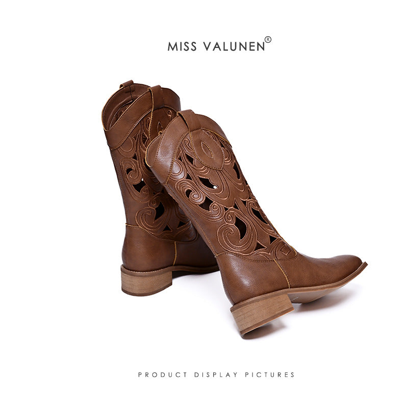 Miss Warren Summer Western Cowboy Round Head Low Women's Leather Boots