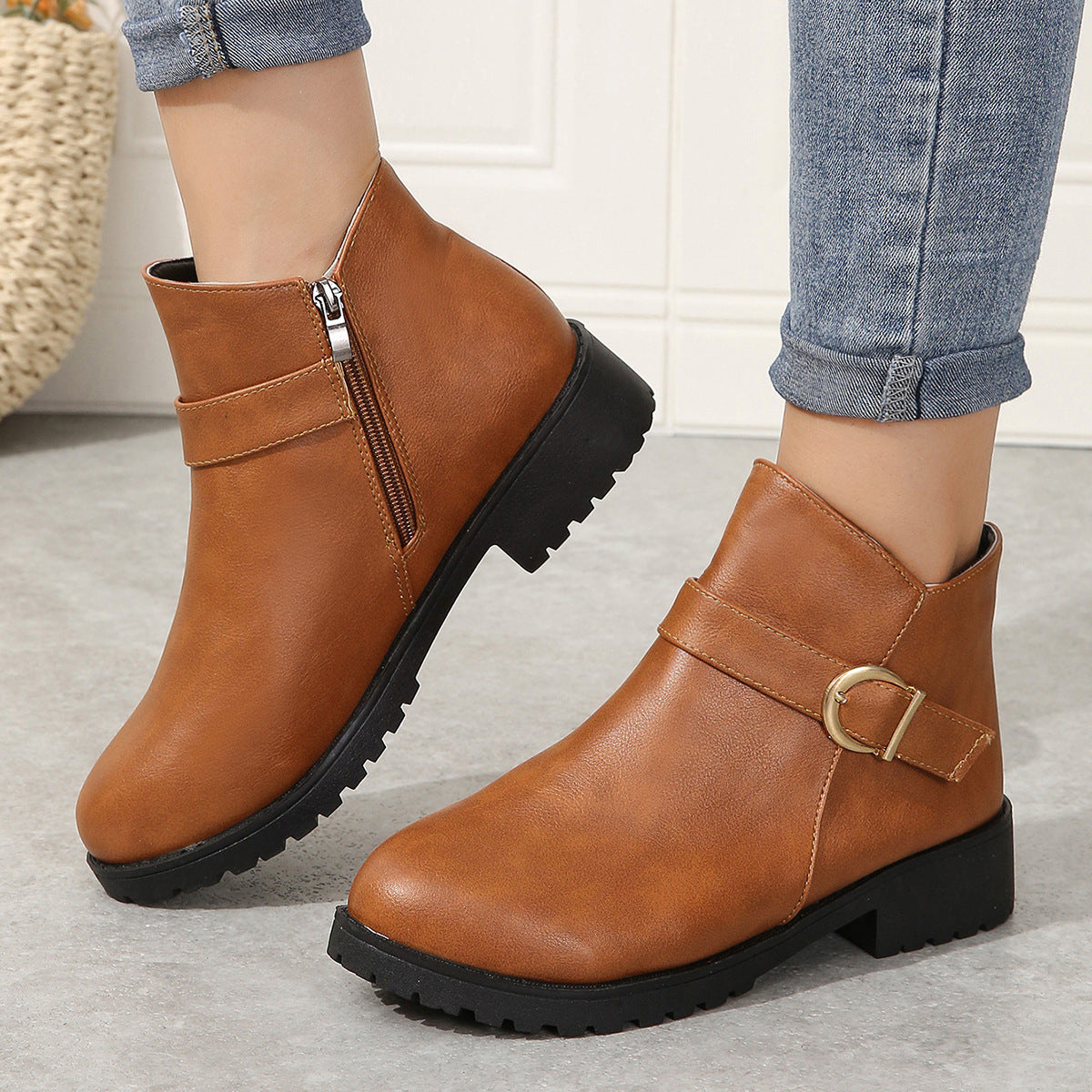 Women's Size Round Toe Side Zipper Chunky Ankle Boots