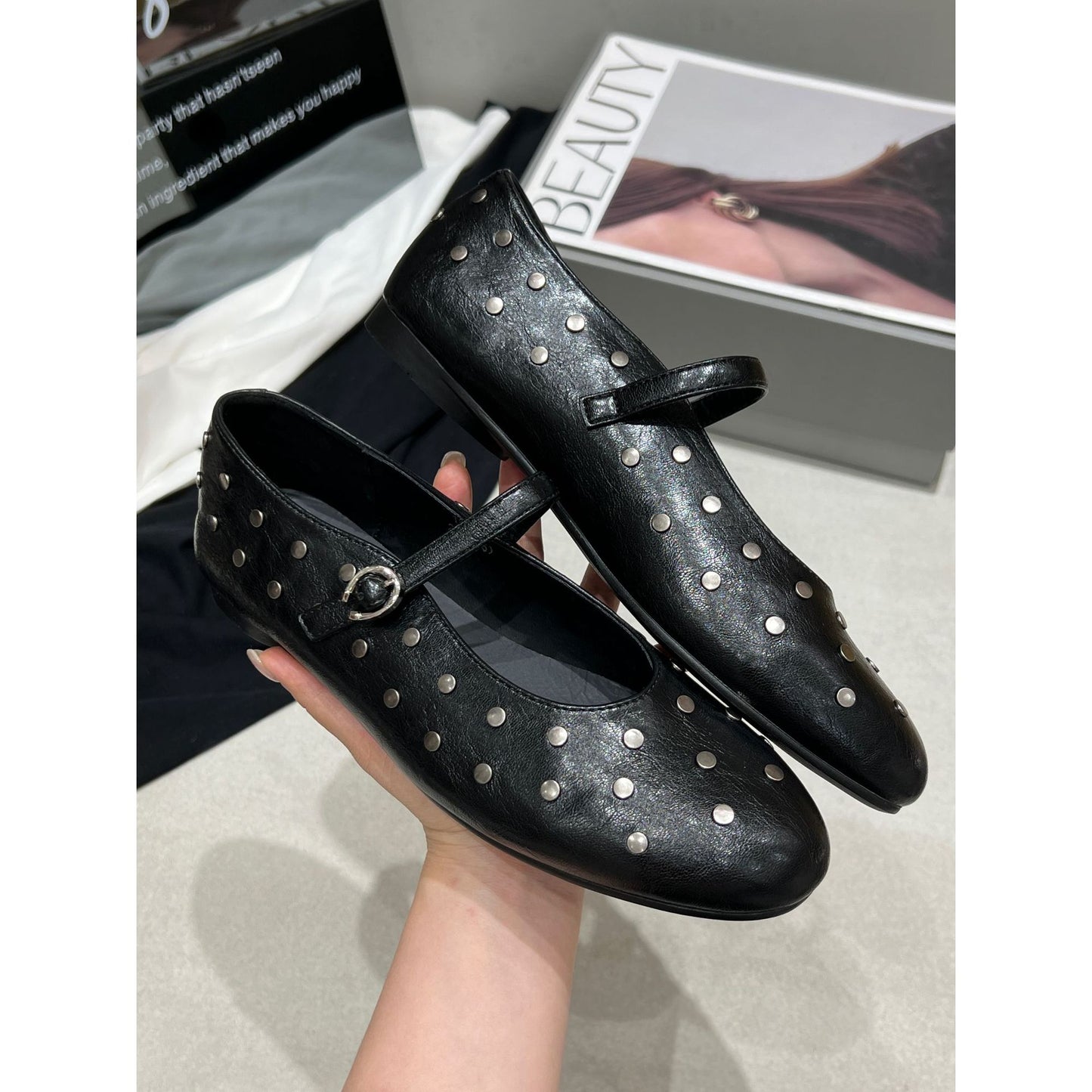 Women's Korean Style Fashionable Rivet Low Mary Jane French Shallow Women's Casual Shoes