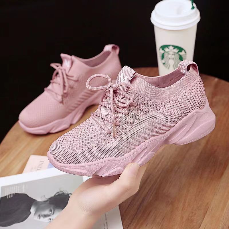 Women's White Breathable Sports Mesh Flying Woven Sneakers