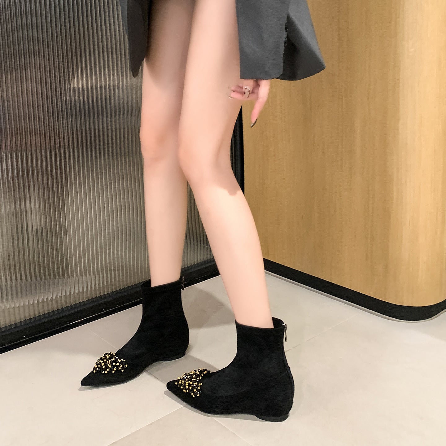 Women's Insole Pointed Toe Skinny Ankle Suede Stretch French Women's Leather Boots