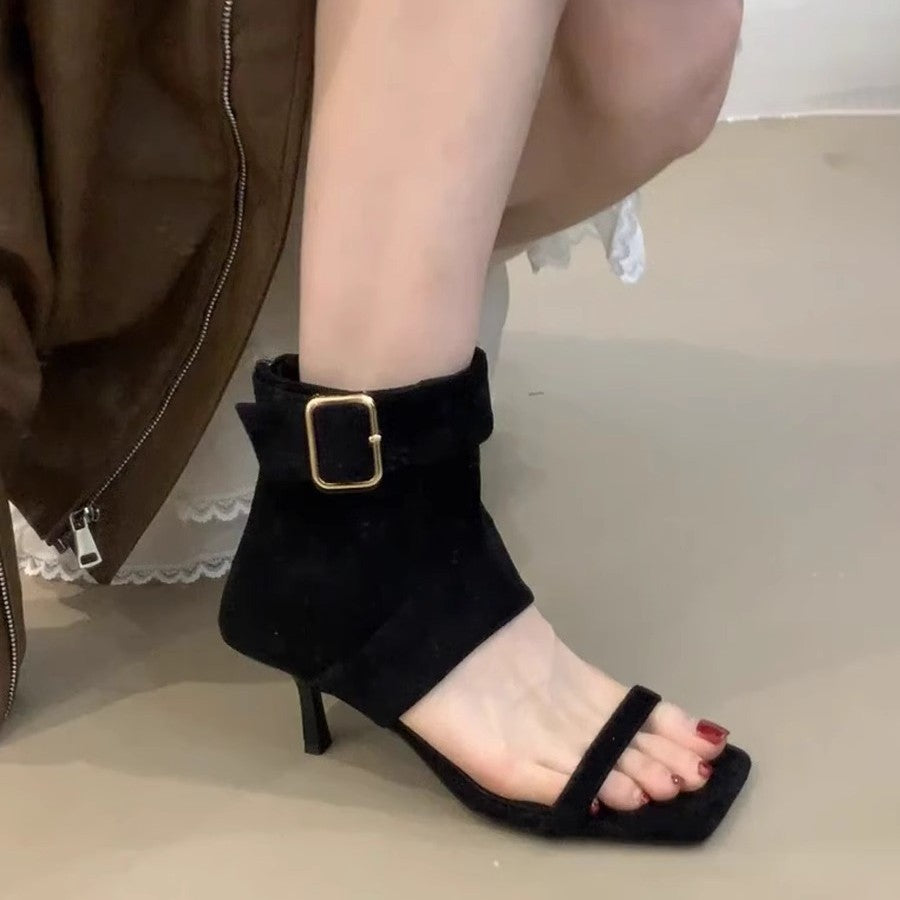 Stiletto Female Little Fairy Vintage Suede Open Toe Belt Heels