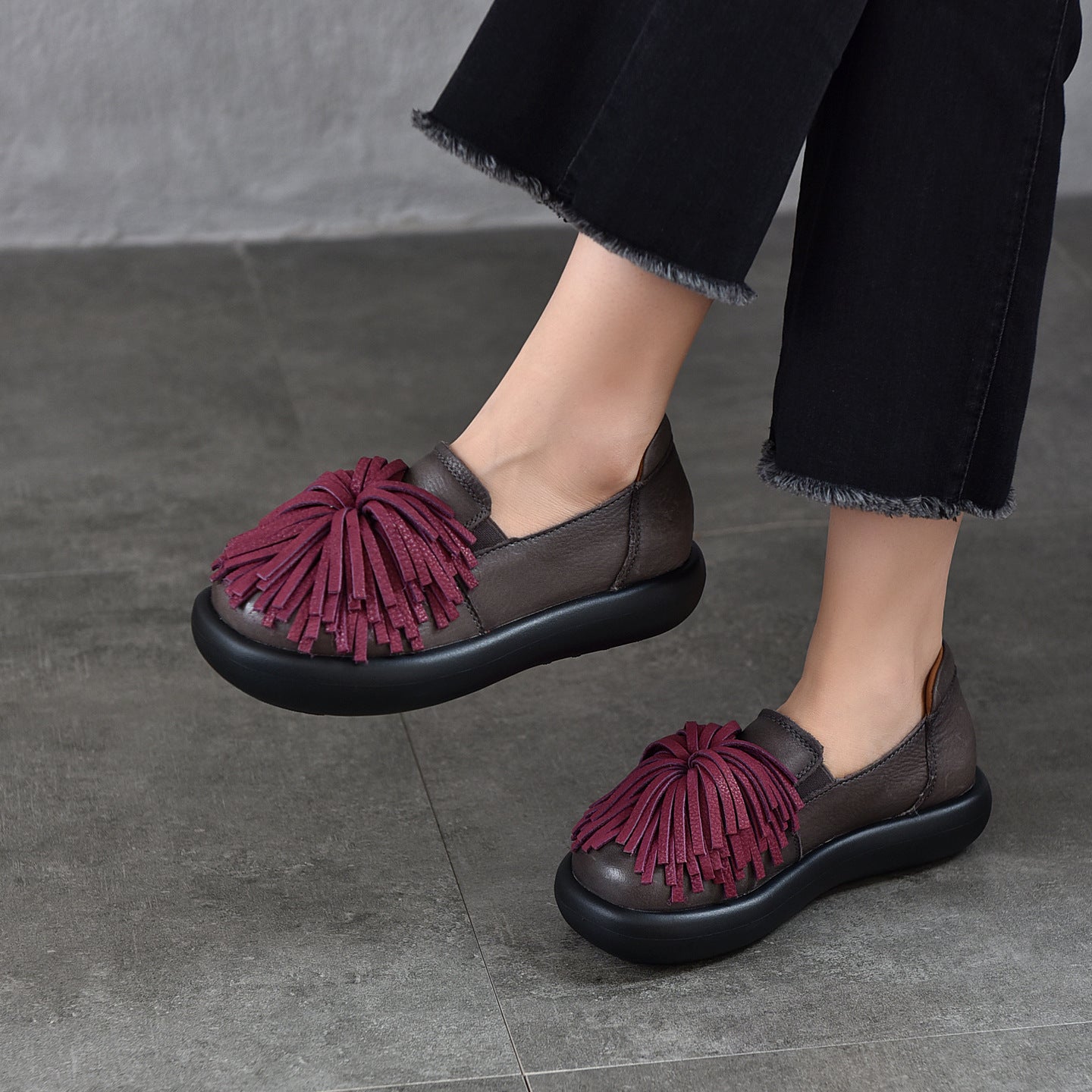 Women's Top Layer Cowhide Platform Comfortable Versatile Retro Handmade Tassel Genuine Women's Casual Shoes