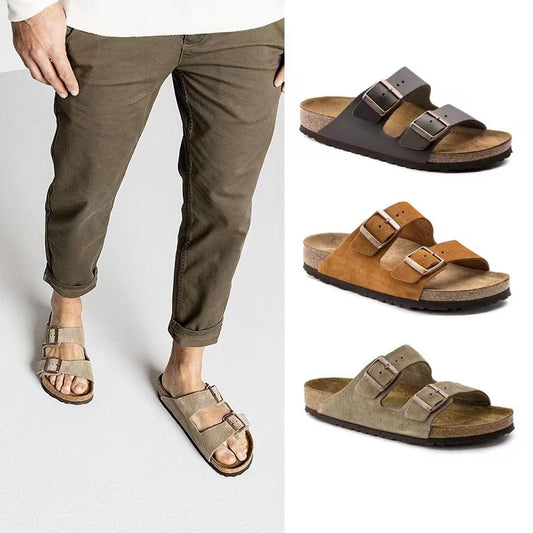 Women's & Men's Cork Sole Double-breasted Two-word Retro Slippers