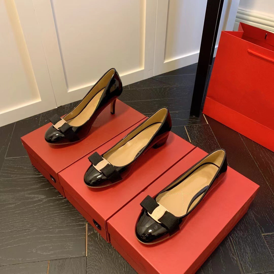 Spring Bowknot Round Toe Wedding Commuter Style Single Patent Women's Casual Shoes