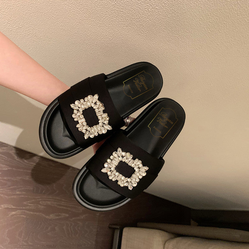 Women's Square Buckle Outdoor Open Toe Double Ring Flat Slippers