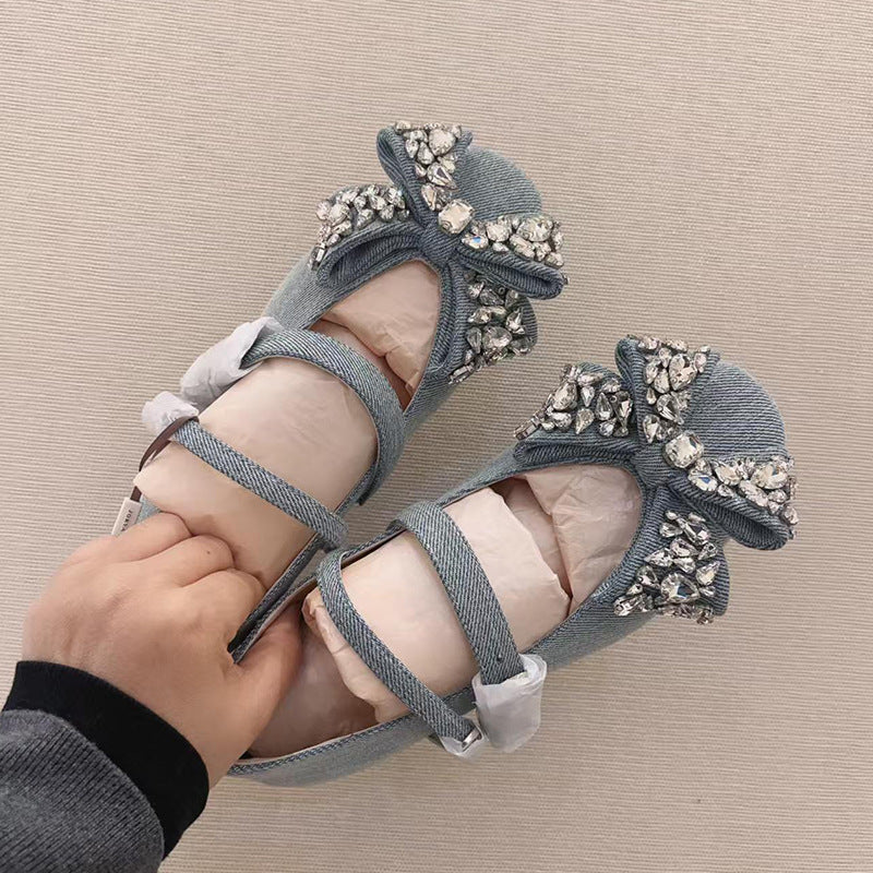 Women's Hidden Dress Flat Denim Rhinestone Strap Shallow Mouth Mary Women's Fashion Shoes