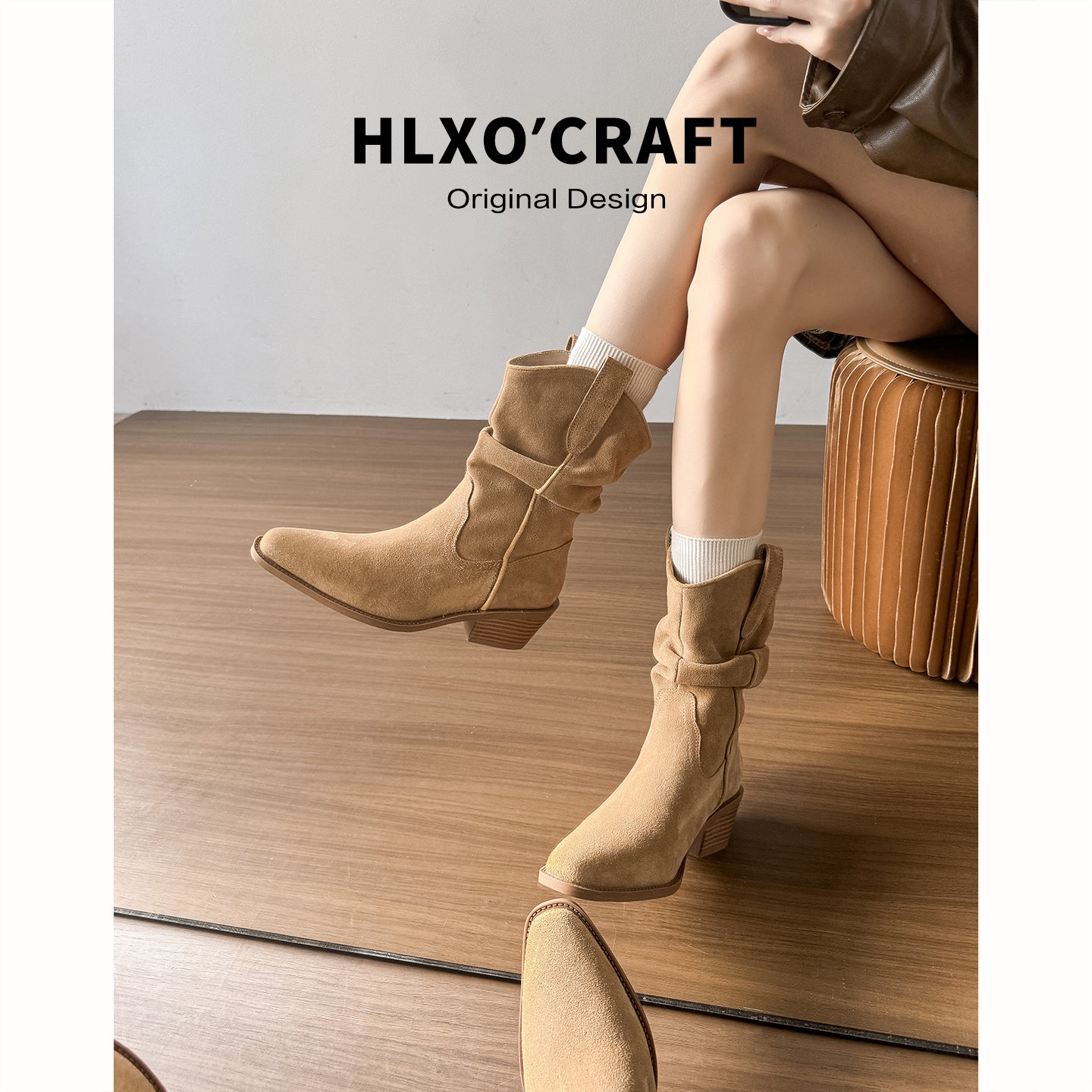 Women's Middle Height Increasing Insole Chunky Ankle Skinny Pleated Pile Heels