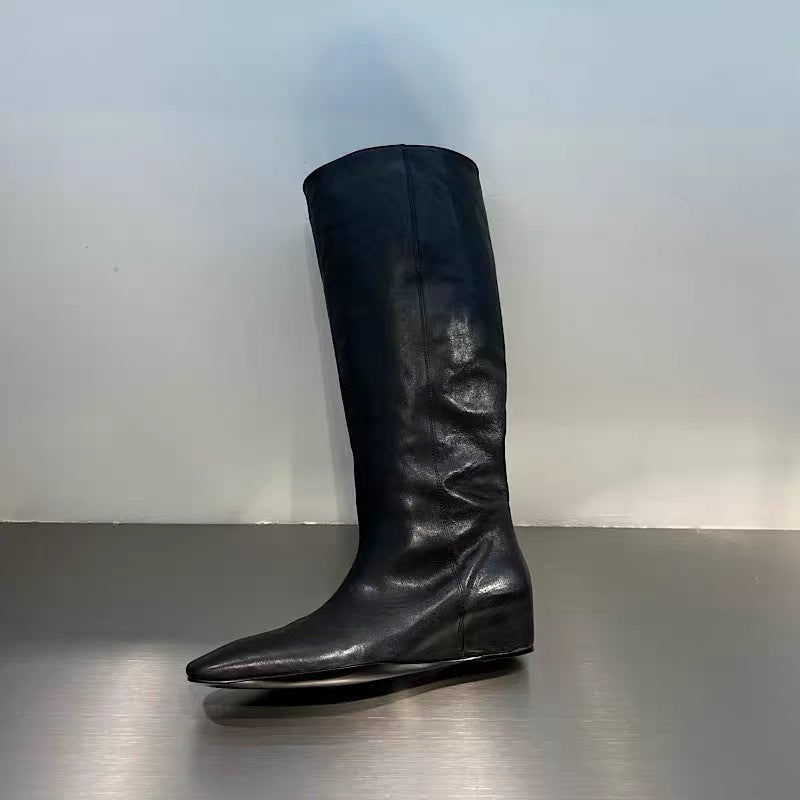 Send Retro Minority Square Toe Height Increasing Insole Sleeve Thin Women's Leather Boots