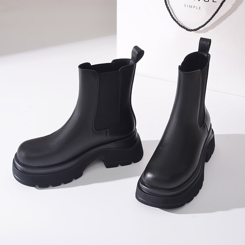 Women's Chunky Thick Bottom Single Chelsea Black Smoke Pipe Boots
