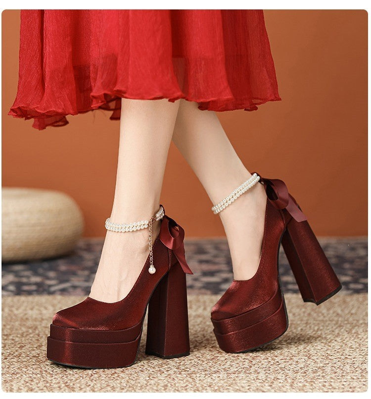 Red Super High Chunky Satin Wedding Dress Women's Fashion Shoes