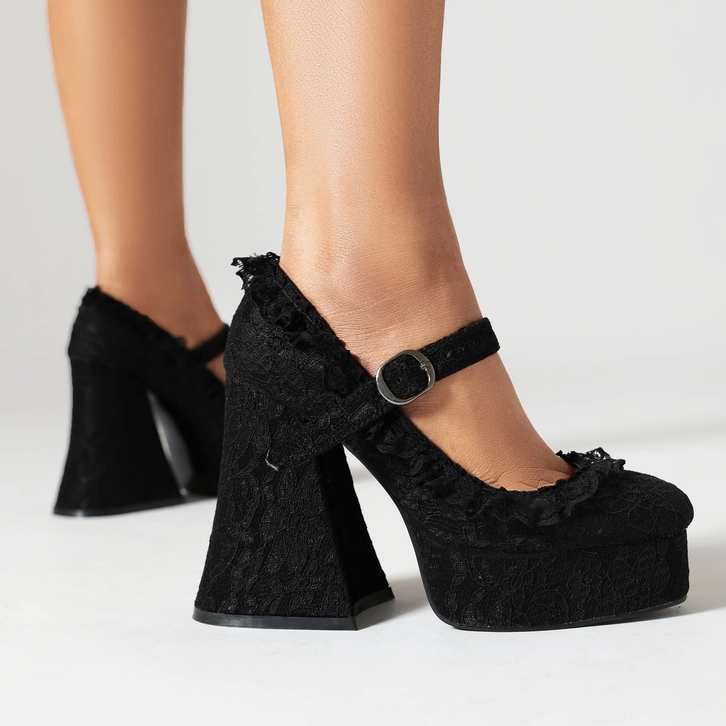 Waterproof Platform High Elegant Thick Bottom Lace Edge Mary Jane Heels