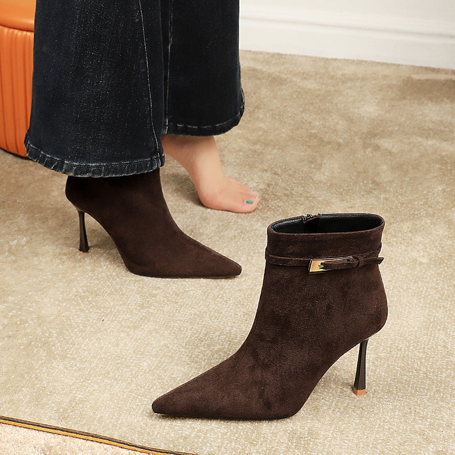Women's Fashion Sexy Pointed Toe Suede Stiletto Belt Buckle Side Zipper Women's Leather Boots