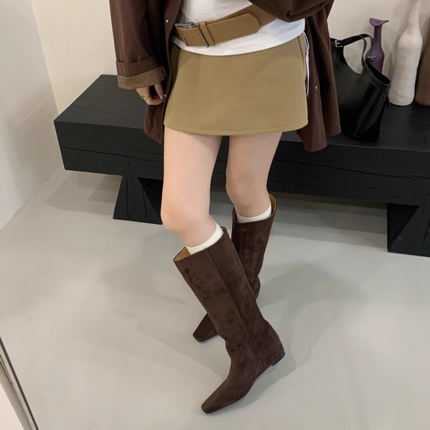Women's Height Increasing Insole Retro Below The Knee Women's Leather Boots