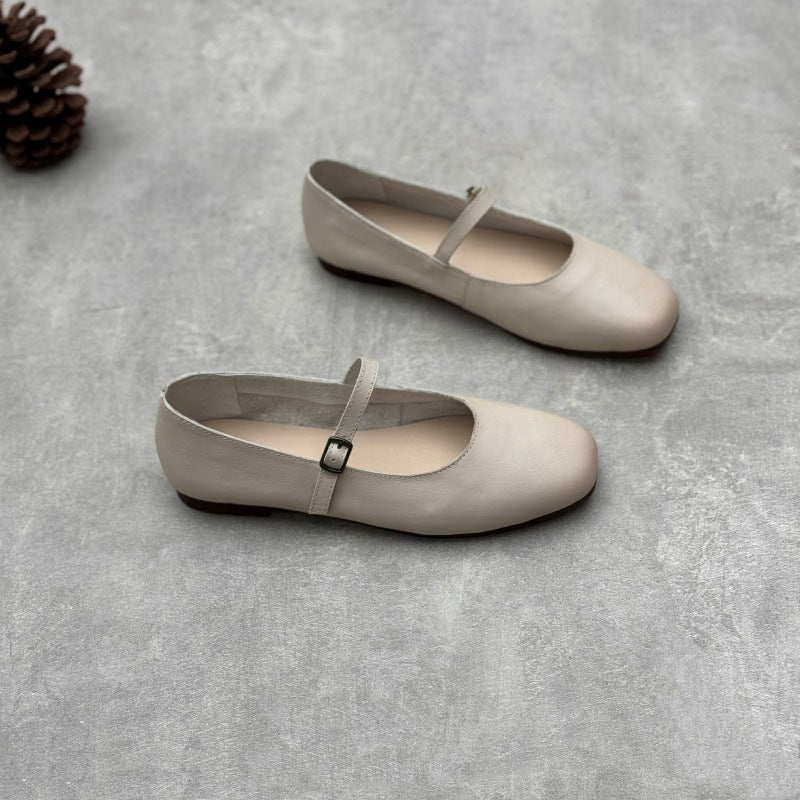 Women's Pumps Artistic Buckle Round Toe Flat Bottom Soft Cowhide Women's Casual Shoes