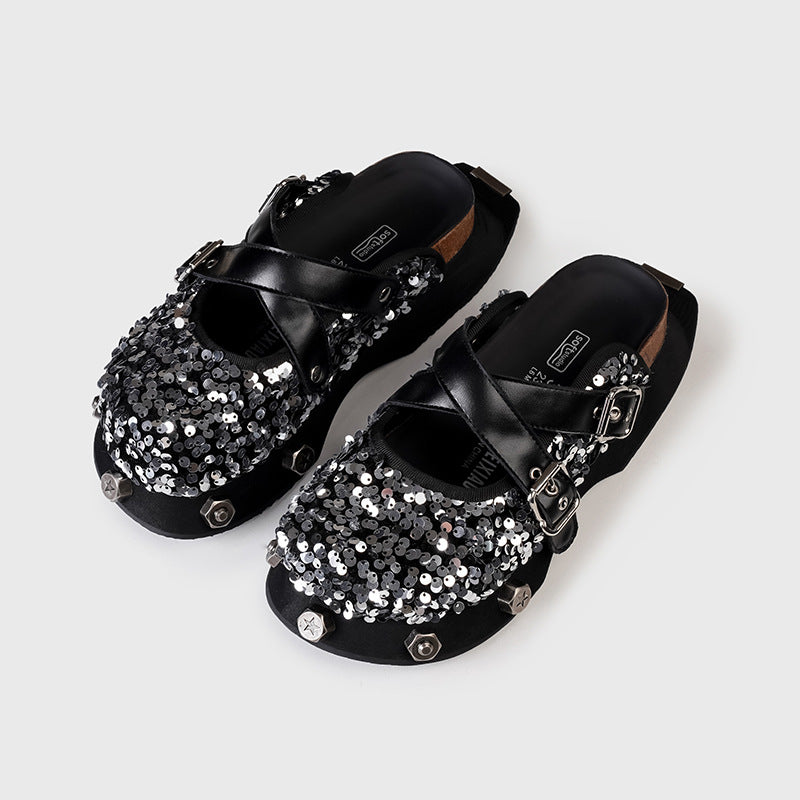 Women's Shiny Retro Half One Pedal Outer Slippers
