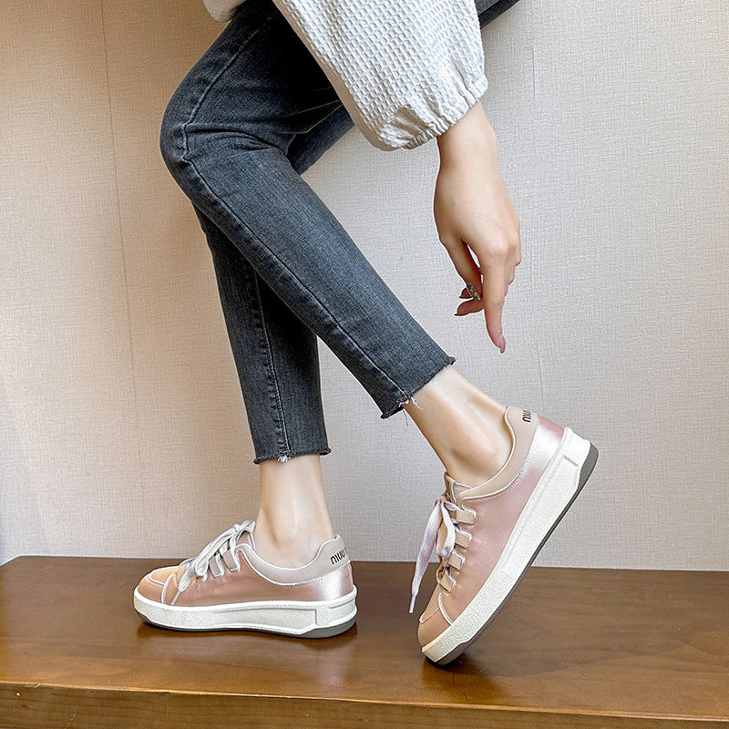 Niche Thick-soled Concubine Silk Satin White Sneakers