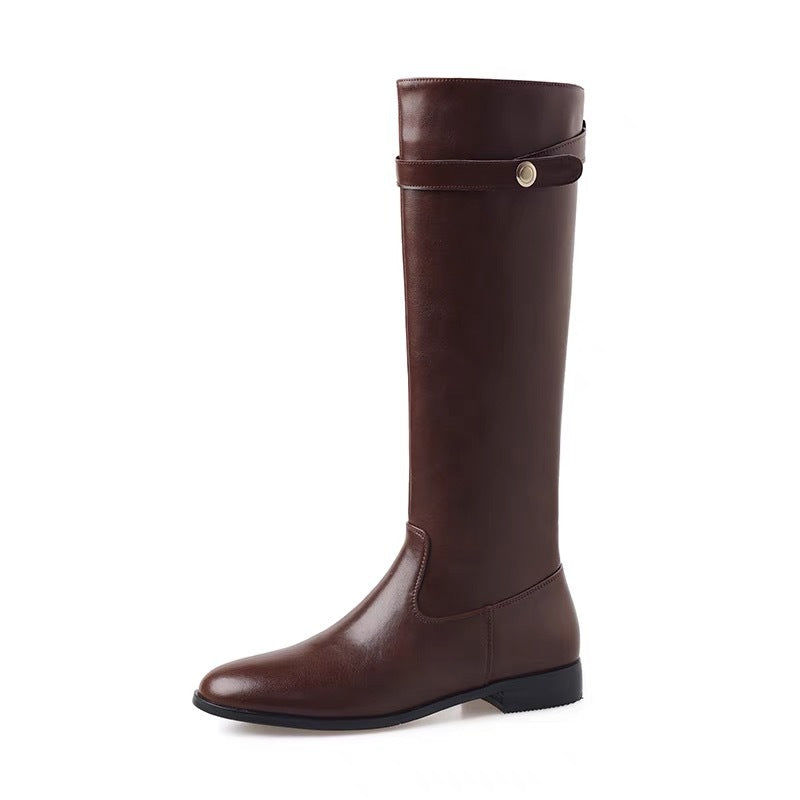 Women's Small Retro Black Tall Knight Belt Women's Leather Boots