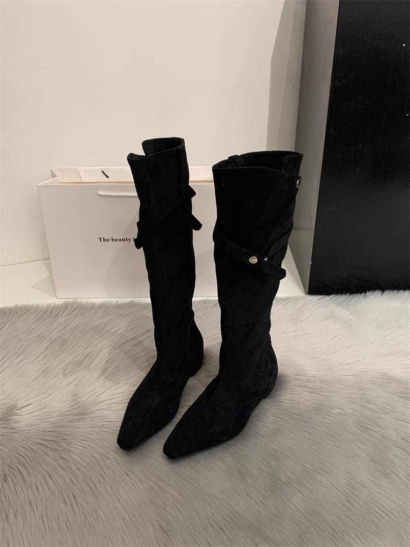 Women's Retro Low Tall Knight Two-way Pile Western Heels