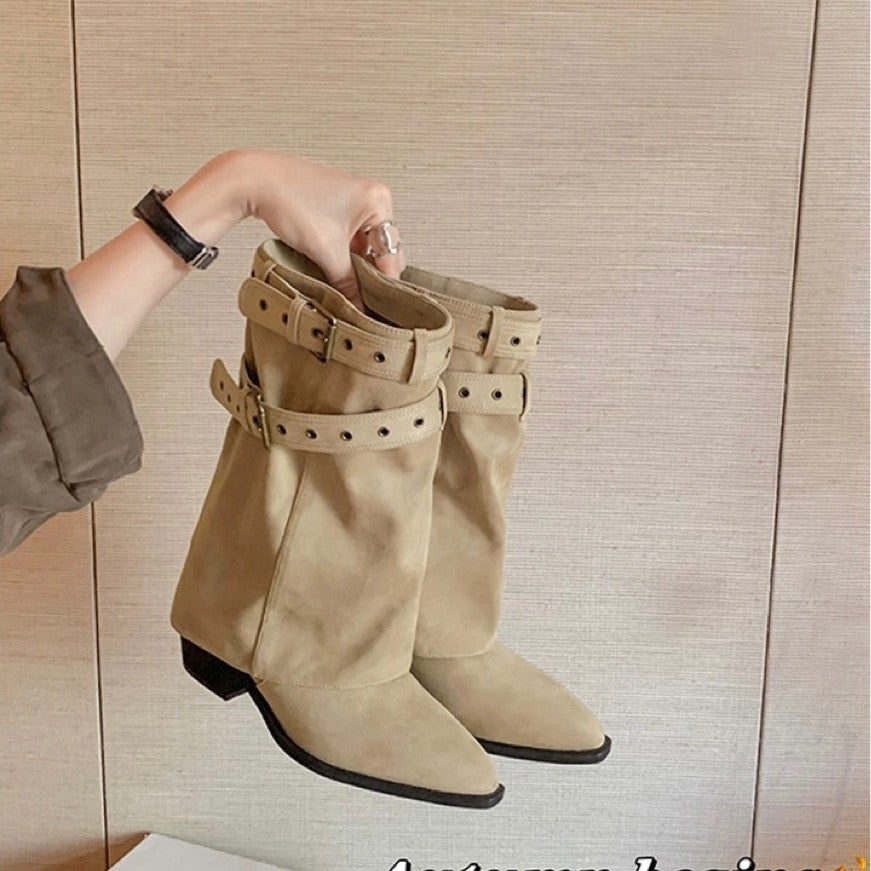 Women's Chunky Desert Denim Pile Style Short For Women's Leather Boots