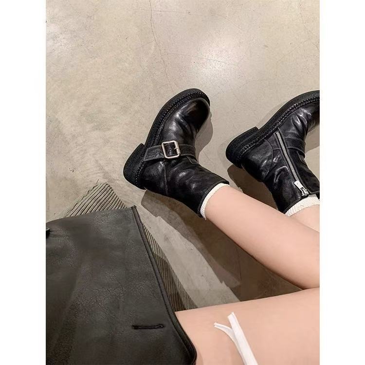 Women's Version Su Washed Shrink Pattern Side Zipper Fleece Biker Women's Leather Boots