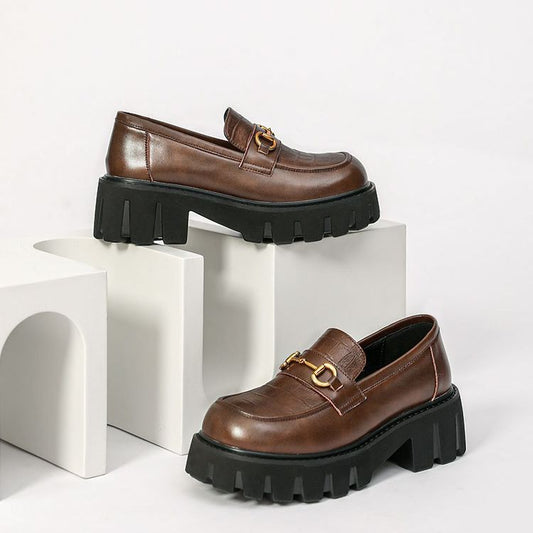 Women's Embossed Round Toe Platform Authentic British Leather Shoes