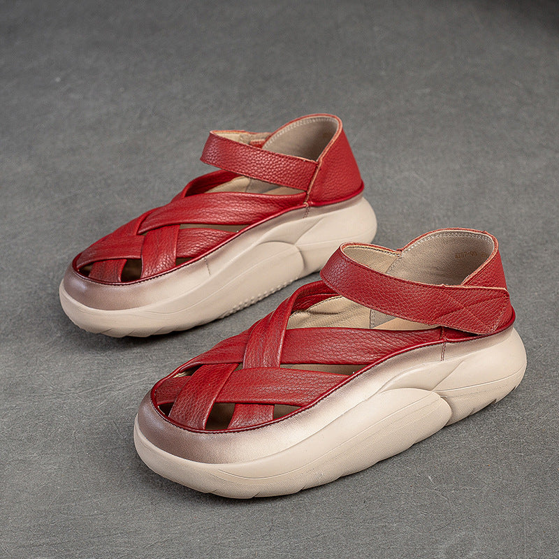 Women's Hollow Velcro Retro Style Polished Top Layer Sandals