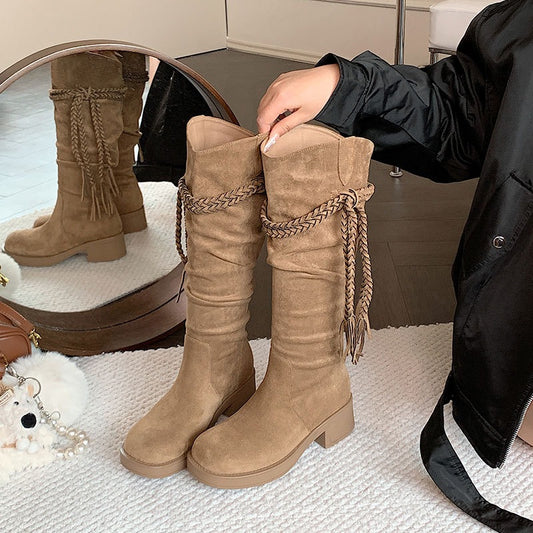 Women's Waste Soil Style Tassel Western Denim Knight Thick Brown Retro Women's Leather Boots
